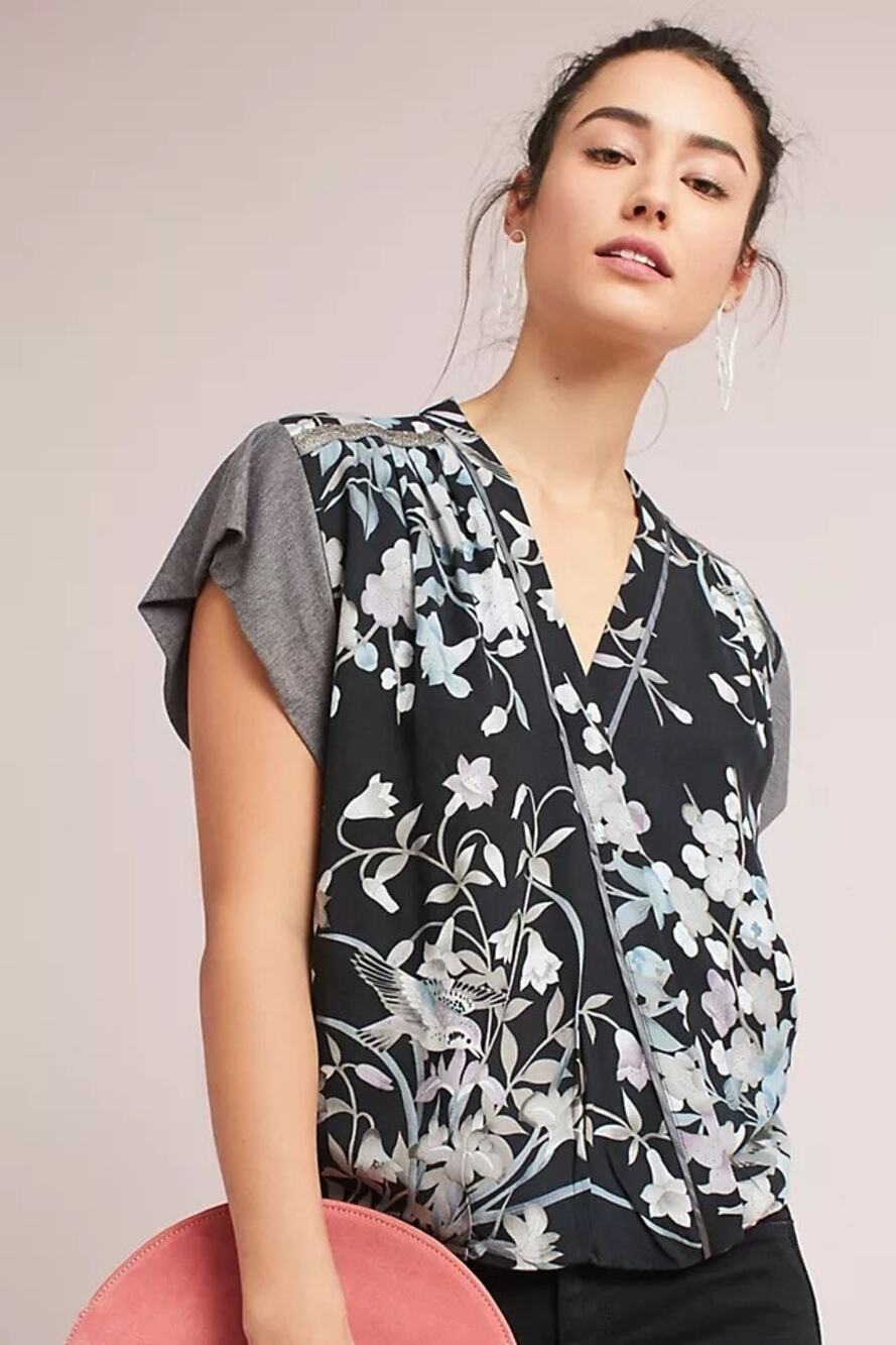 TINY by Anthropologie Floral Knit Mixed Media Blouse Top Boho Size Small